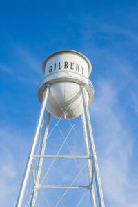 Image of Gilbert water tower. It is a local landmark that can be seen for miles. The residents of Gilbert recognize it as an historical site and anchor for downtown Gilbert.